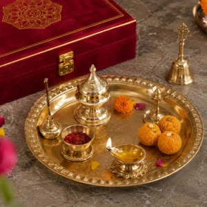 Brass Pooja Thali – German Silver Finish | Traditional Worship Plate