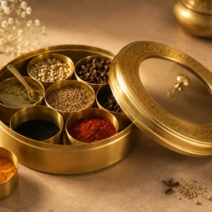 Acrylic Brass Spice Box – Elegant & Traditional Masala Storage Solution