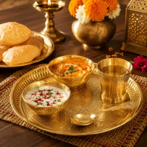 yes brass bhoj thali set with 2 katori glass spoon for pooja and original imahpkmfgmvpcruf